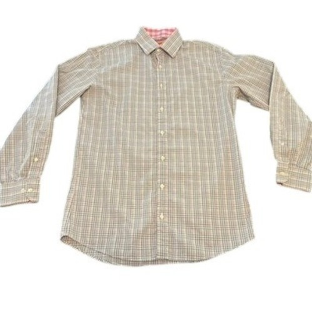 Tallia‎ Slim Fit Plaid Button Down Shirt Mens 15 32/33 Grey Pink Gingham Accent